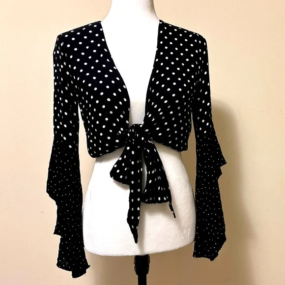 Seven Wonders Black White Spots Crop Top w Tie Wide Bell Sleeves Shirt Blouse 6 - Picture 16 of 16
